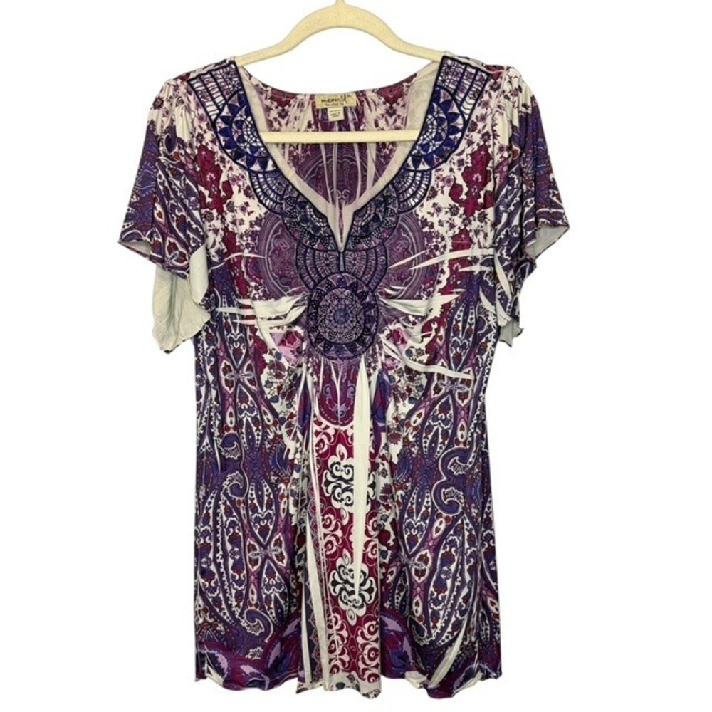 One‎ World Women's Purple Multi Paisley Studded V-Neck Top Size XL